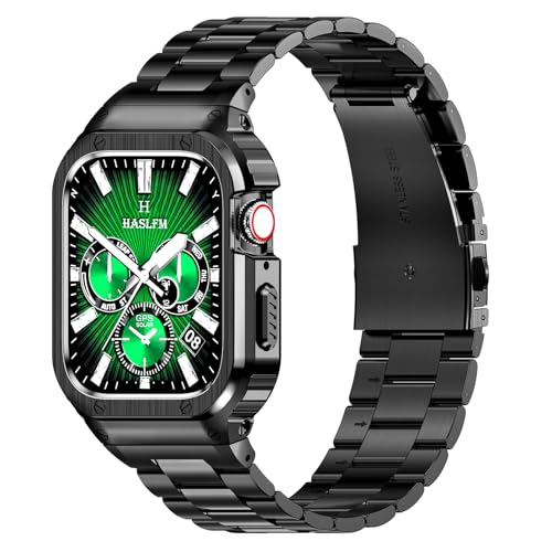 HASLFM Stainless Steel Band with Case Compatible with Apple Watch Series 9 8 7(45mm), Metal Protective Bumper Cover for iWatch Bands Men,Black