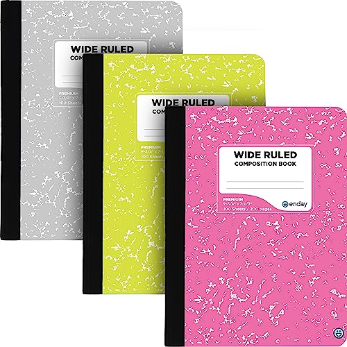 Composition Notebooks Wide Ruled Paper, Colored Marble Composition Notebook Covers, 100 Sheets (200 pages) Composition Books, Marble Notebooks Wide Ruled For School, Pink -Grey -Green – by Enday