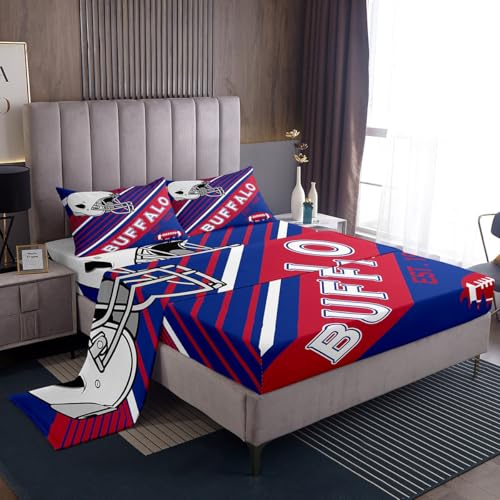Erosebridal Boys Sheets American Football Sheet Set Blue and Red Rugby Game Helmet Bed Sheets Set Football Sports Team Flat Fitted Sheet with 1 Pillowcase, Twin (Buffalo)