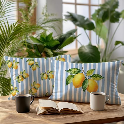 Image of Striped Blue and Yellow Summer Italian Mediterranean Amalfi Coast Lemon Pillow Cover Decor 12x20,Italian Decorative Throw Pillow Cover Decor for Couch Double-Sided Set of 2