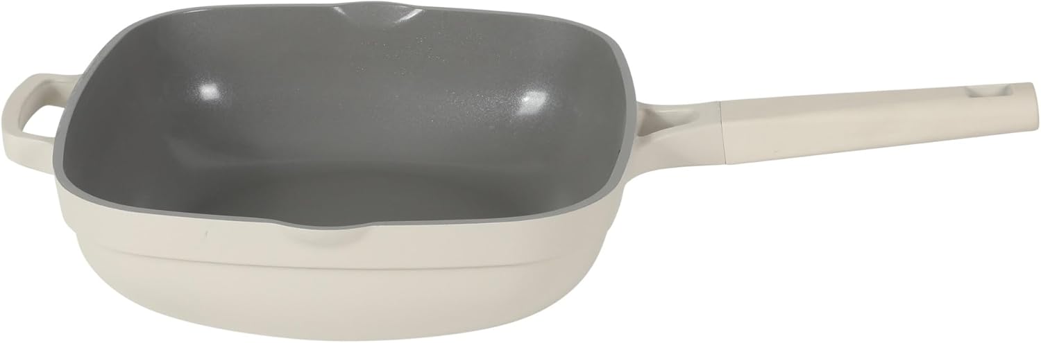 Crock Pot Northvale 5.3 Quart Ceramic Nonstick Sauté Pan with Steamer Basket & Lid, Cast Aluminum Pan with Induction Base and Soft-Touch Handle, Linen White