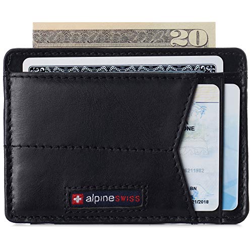 Image of Alpine Swiss RFID Minimalist Oliver Front Pocket Wallet For Men Leather Hampton Collection Glossy Nappa Black