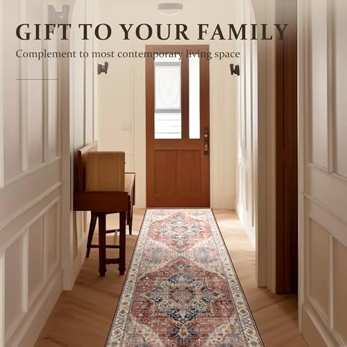 Deerly Vintage Runner Rug 2x6 Hallway Runners Boho Non-Slip Entryway Throw Rug Faux Wool Non-Slip Washable Low-Pile Floor Carpet for Indoor Front Entrance Kitchen Bathroom, Brickred/Multi