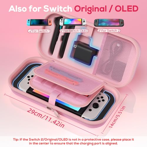 Image of Auarte [Charge inside Carrying Case for Nintendo Switch 2 2025 / Switch OLED / Switch with Adapter and for Joy Cons Storage, Travel Cases for Switch 2 Console with 22 Game Card Storage- Pink