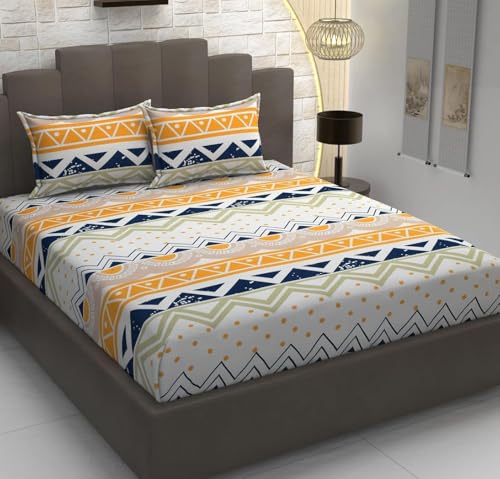 Image of Dahlia Elastic Fitted Glace Cotton California King Size (84x72x Upto 8 Inches) Bedsheet with 2 Pillow Covers-200TC (Zigzag, Cream Color)