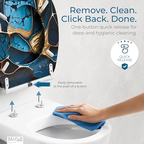 Image of Sanilo Wooden Toilet Seat with Quick Release & Soft Close [ROUND] - Decorative & Slow Close Molded Wood Seat - With One Click for Easy Installation & Cleaning - With Adjustable Fit (Marble Cobalt)