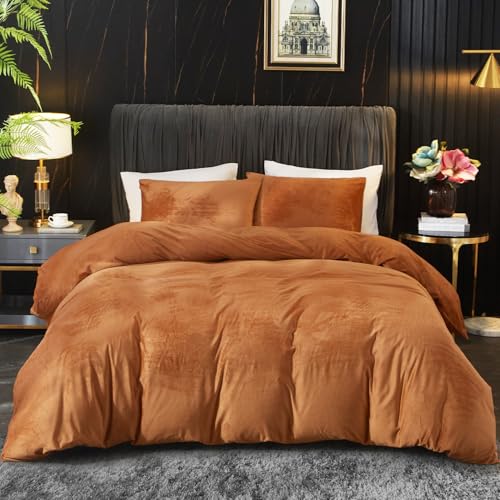 Ivellow Velvet Duvet Cover Queen Set Burnt Orange Queen Comforter Cover 3Pcs Ultra Soft Breathable Solid Luxury Flannel Velour Duvet Cover Zipper Closure Corner Tie