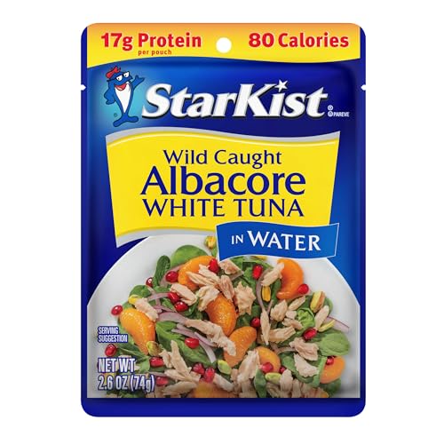 Image of StarKist Wild Caught Albacore White Tuna in Water, 2.6oz Pouch, 24-Pack | 17g Protein Per Serving, Gluten Free, Soy Free, Ready to Eat, No Draining, 80 Calories Per Serving, Great for Meals & Snacks