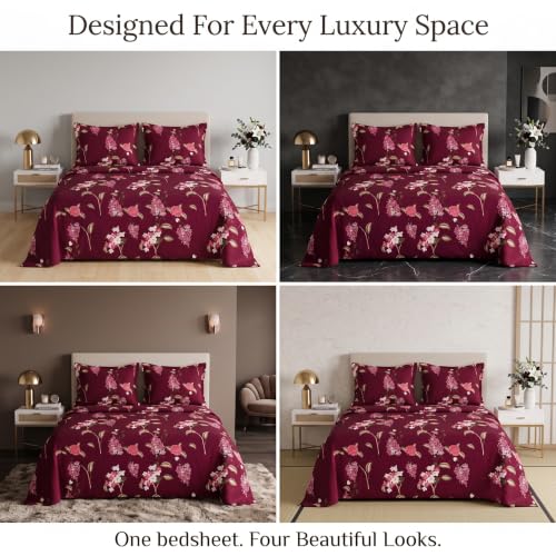 Image of VAS COLLECTIONS 240 TC Cotton Double Bedsheet with 2 Pillow Covers, Ultra Soft & Breathable Bed Sheet Set, Skin Friendly, Fade Resistant, Easy Care Bedding, 90 x 100 Inches - Deep Crimson