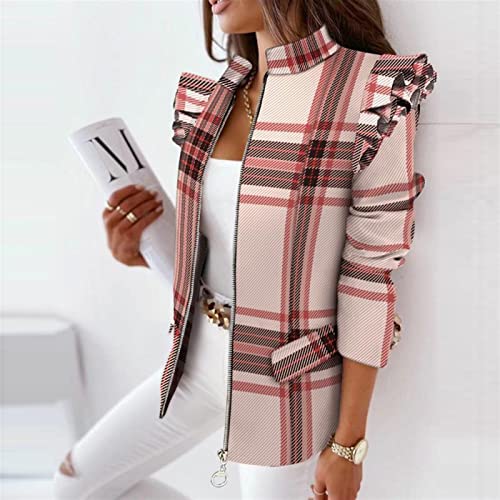 LSCZSLYH Autumn Vintage Plaid Printed Suit Coats O-Neck Long Sleeve Zipper Cardigan Coat Women Slim Jackets (Color : Style1, Size : S)4