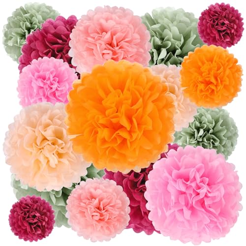 Image of BestoFun 16 PCS Red Green Party Decorations Tissue Paper Flowers Pom Poms Decorations for Girl Groovy Birthday Baby Shower Wedding Bachelorette Room Wall Hanging Decor