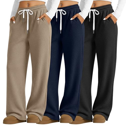 Neer 3 Pack Women's Waffle Knit Pants Wide Leg Baggy Sweatpants Casual Drawstring High Waisted with Pockets Knit Trousers(Black, Navy Blue, Apricot,Medium)