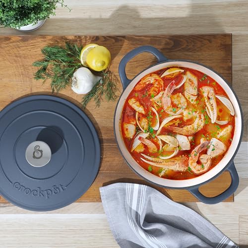 Image of Crock-Pot Artisan 5-Quart Round European Enameled Cast Iron Dutch Oven with Lid - Matte Navy Blue, Durable Oven Safe Cookware