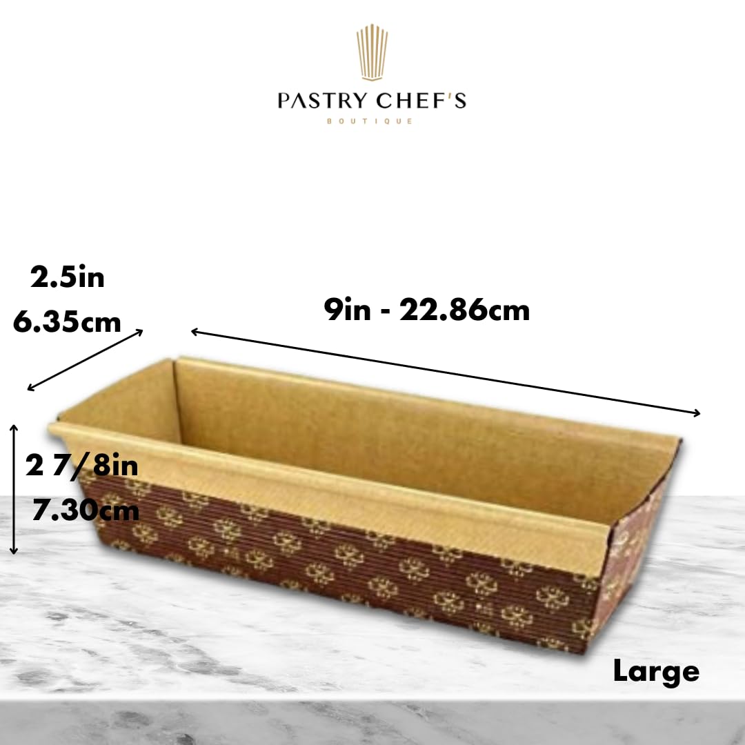 Pastry Chef's Boutique Disposable Rectangular Paper Loaf Pan Molds, All Natural Made, Recyclable, Microwave and Oven Safe, Display Cake Mold Large Size - 9''x2 7/8''x2.5'' - 25pcs