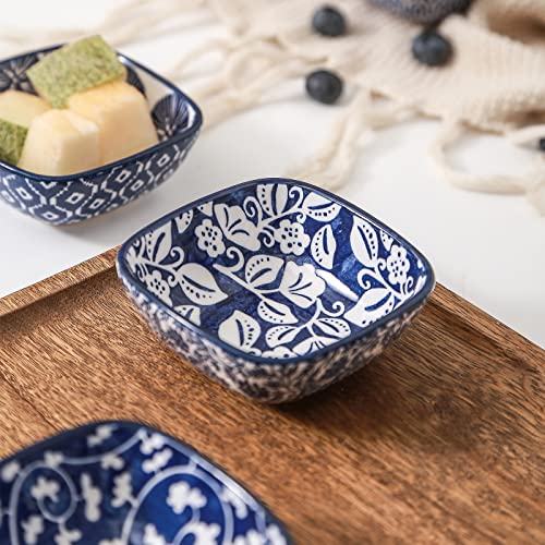 Selamica Ceramic 2.6 Oz Square Dipping Bowl Set, Soy Sauce Dish 3 Inch Small Bowls For Ketchup Condiments Side Dish Bbq, Ramekins Oven Safe, Stackable, Set Of 6, Vintage Blue #TOP2