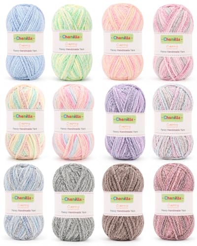Image of Coopay Skinny Chenille Yarn, 12 Colors Gradient Velvet Yarn for Crocheting
