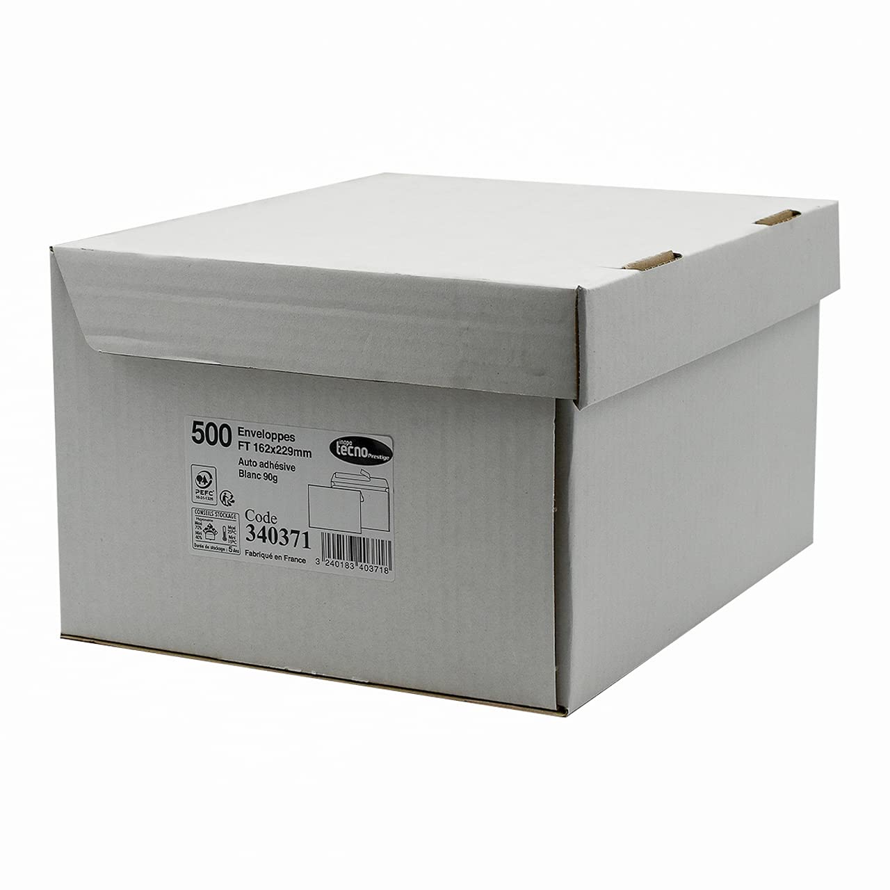TECNO PRESTIGE, boîte de 500 enveloppes extra blanc, bande de protection, 90g, Format C5 162x229 mm