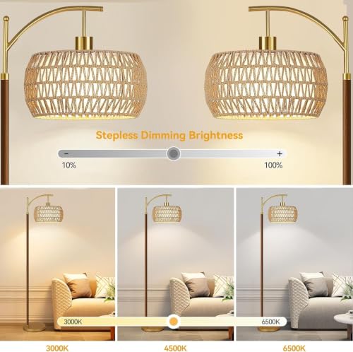 Image of ZECOXOL Wood Floor Lamps for Living Room Arc Boho Floor Lamp with Remote Control & 3 Color Temperatures,Vintage Wicker Rattan Standing Lamp Dimmable Tall Floor Lamp for Bedroom Living Room Corner