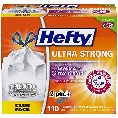 Hefty Ultra Strong Trash Bags (Lavender Sweet Vanilla, Tall Kitchen Drawstring, 13 Gallon 110 Count) - Fits All Simplehuman Size J Cans - Pack 2