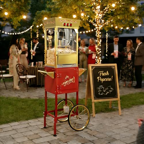 Image of Large Popcorn Machine with Cart: 12 Oz Vintage Commercial Popcorn with Foldable Stand Makes Up to 48 Cups, 3 Serving Cups, Measuring Cups & a Scoop for Home Party Office, Red