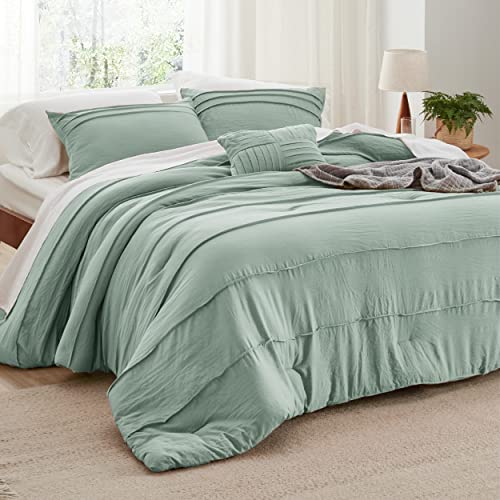 Image of Bedsure Queen Comforter Set - 4 Pieces Pinch Pleat Bed Set, Sage Green Boho Bedding for All Season, 1 Soft Comforter, 2 Pillowcases, 1 Decorative Pillow