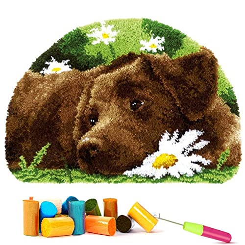 Image of EMISTEM Latch Hook Kits for Adults - DIY Latch Hook Rug Kits, Crochet Kit for Beginners, Rug Making Kits with Printed Canvas, Gift Packaging. (Dog in Flowers,15x21)