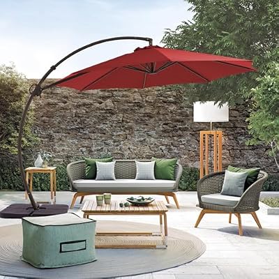 JEAREY 10FT Outdoor Patio Umbrellas Large Offset Umbrella Curvy Cantilever Umbrella Heavy Duty Hanging Round Umbrella with Sandbag Base for Pool, Backyard, Market, Deck, Lawn and Garden, Red