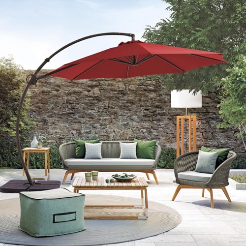 JEAREY 11FT Outdoor Patio Umbrellas Large Offset Umbrella Curvy Cantilever Umbrella Heavy Duty Hanging Round Umbrella with Sandbag Base for Pool, Backyard, Market, Deck, Lawn and Garden, Red