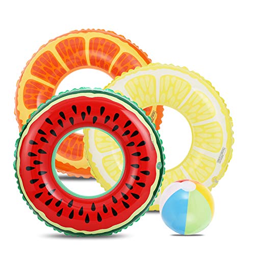 Lucky Doug 3 PCS Swimming Rings with 1 Beach Ball Inflatable Pool Floats for Kids Adults 32.5   Pool Tube Toys for Summer Beach Water Float Party, Swimming Pool, Beach Time