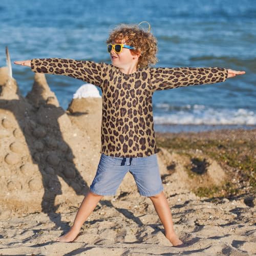 Aflyko Animal Print Kids Rash Guard Shirts Leopard Animal Print Cool Brown Boys Girls Rashguard UPF 50+ UV Sun Protection Swim Shirt Camping Hiking Swimming Fishing Travelling 9-10T4