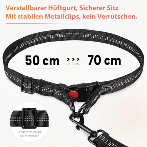Joggingleine Hunde,Freihändig,Verstellbarer Bauchgurt hundeleine, Zwei gepolsterte Griffe,Stoßdämpfende, elastische,Abnehmbare reflektierende Hüfttasche,Joggen/Laufen Für Hunde bis 50 kg,Schwarz