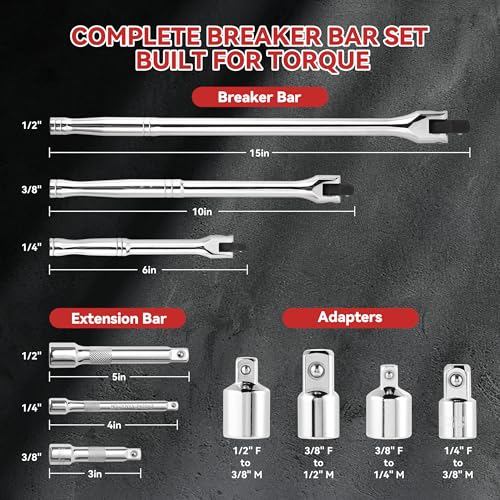 10 Piece Breaker Bar Set, 3/8\" , 1/2\" and 1/4\" Drive, 180° Rotatable Head, 6\'\', 10\'\', 15\'\' Length, 3 Extension Bars, Organizer Case - Thumbnail 2
