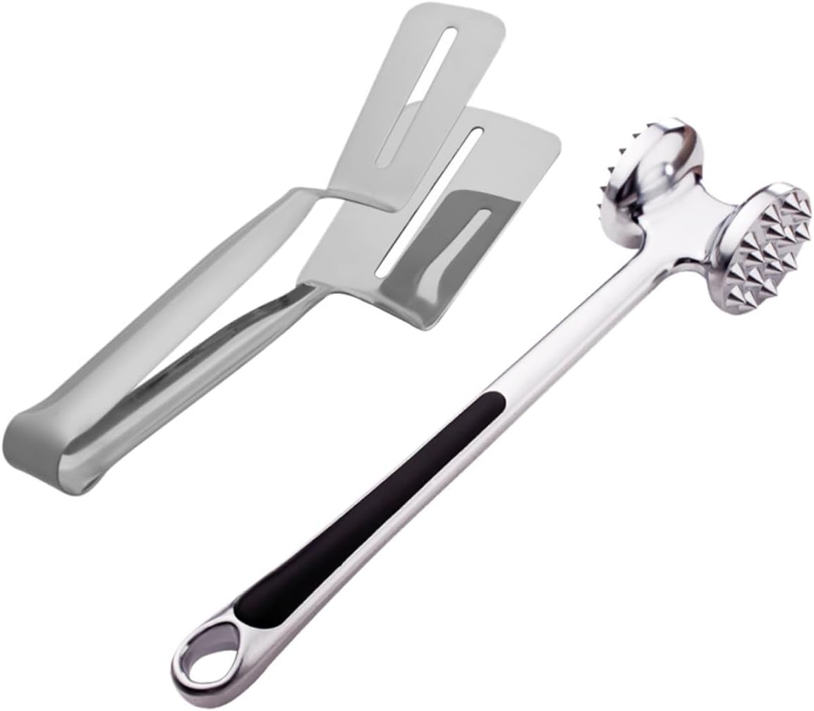 LABRIMP 2pcs Stainless Steel Meat Mallet and Kitchen Tongs Cooking Tools for Tenderizing Meat and Grilling Dishwasher Safe for Easy Cleanup for Home and Restaurant Use
