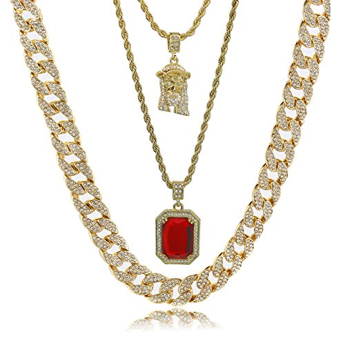 Chaîne cubaine Hip Hop Miami avec pendentif Jésus rouge et zircones pour homme