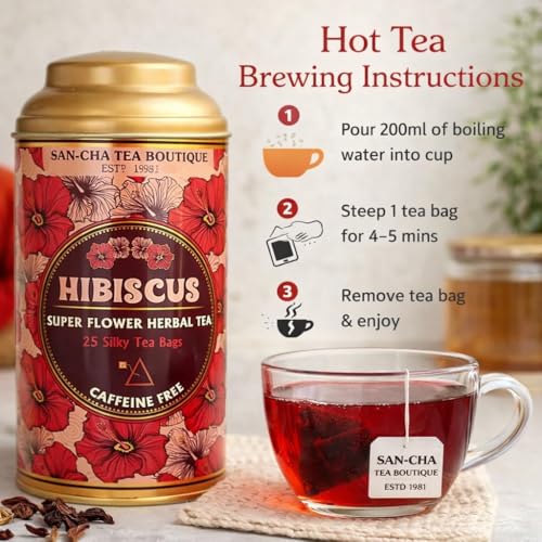 Image of Sancha Tea Boutique Hibiscus Tea | 25 Pyramid Bags | Herbal Caffeine Free Tisane | Sweet Tart Hibiscus Infusion | Wellness & BP Support