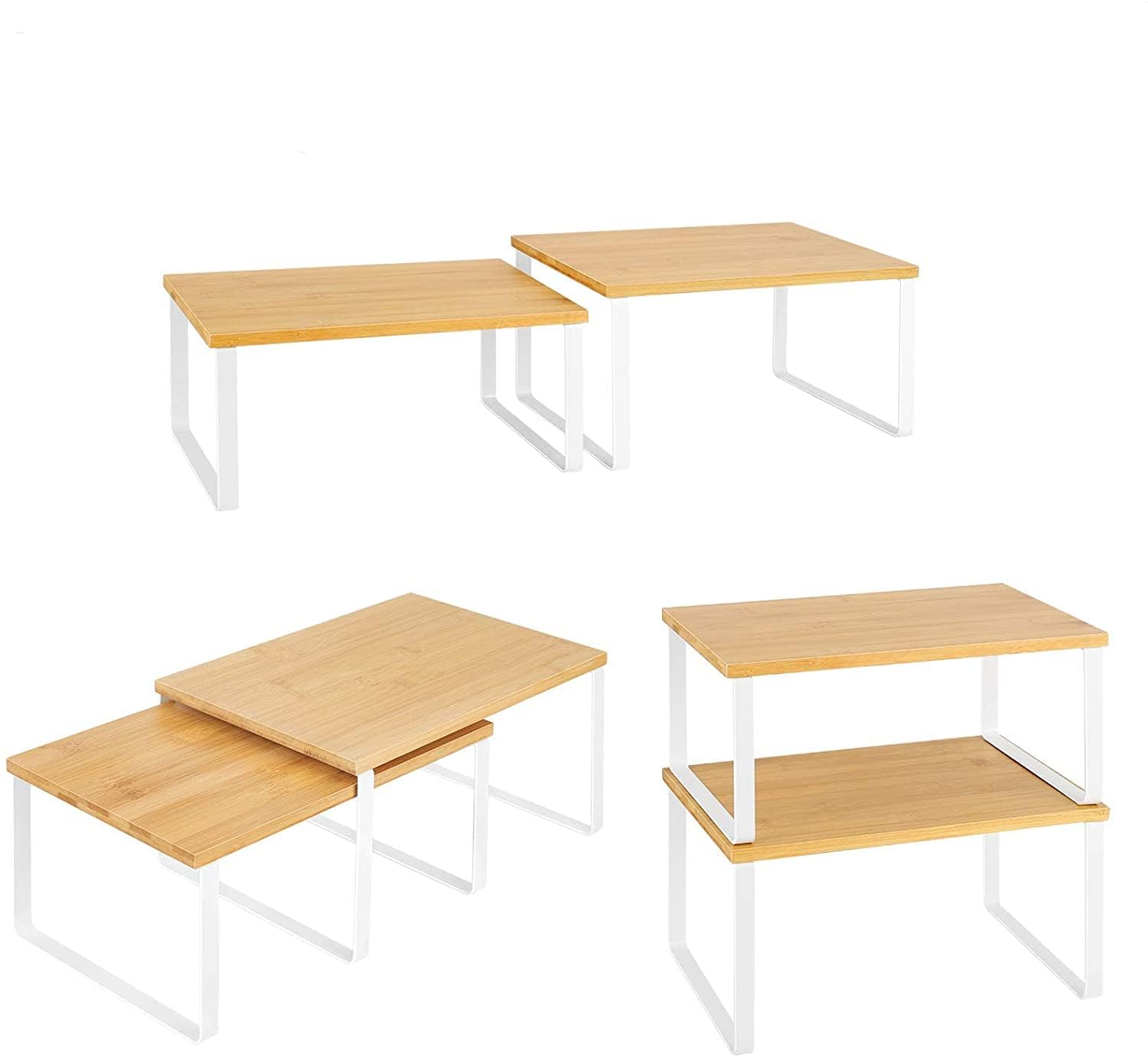 LIANTRAL Organisateur de Placard Lot de 4, Étagères de Cuisine, Étagère à Épices, Extensibles et empilables, étagères de Rangement en Bois pour Placard comptoir, Naturel/Blanc