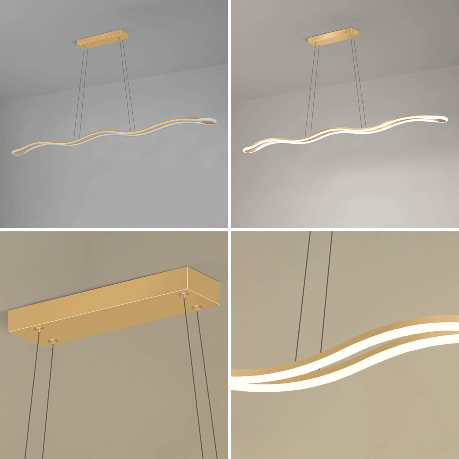 Liniowa metalowa długa lampa wisząca, wiszące światła złotej fali, nowoczesne lampy wiszące LED 52 W, dekoracyjna lampa nastrojowa do jadalni, proste żyrandole z wyspą kuchenną