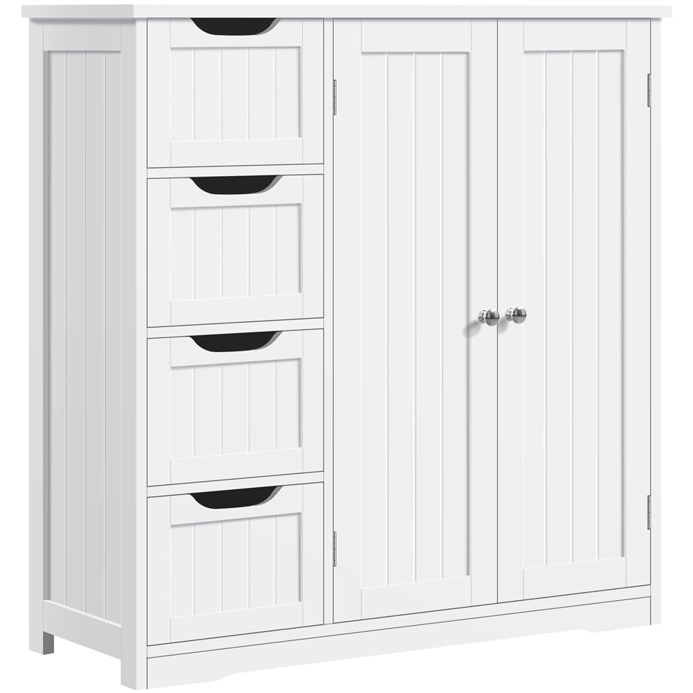Yaheetech Armario Baño de Suelo Mueble Baño con 4 Cajones Mueble Auxiliar Cómoda Armario con 2 Puertas, Estante Ajustable 81x30x83 cm Blanco