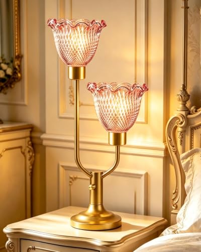 Image of Lightdot Flower Glass Table Lamp for Bedroom Vintage Pink Lamp Dimmable | Mid Century Modern Gold Desk Lamp 2 Bulbs Included Warmwhite Ambient Nightstand Bedside Lamps for Living Room Home Decor Gift