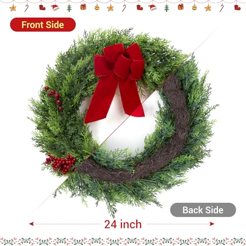 GarveeHome Christmas Wreaths for Front Door, 24 Inch Large Outdoor Christmas Wreath with Berries Velvet Bow, Winter Artificial Cypress Wreath Xmas Wreath for Indoor Window Wall Fireplace Holiday Decor