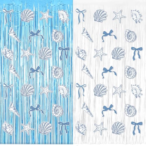 Norme 4 Pcs Blue Bow Starfish Seashell Theme Party Decorations Blue and White Tinsel Foil Fringe Curtain Backdrop and Ocean Coastal Nautical Wall Decals Backdrop for Bridal Shower Bachelorette Party