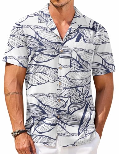COOFANDY Men's Hawaiian Floral Shirts Cotton Linen Button Down Tropical Holiday Beach Shirts