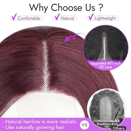 Image of Eawwii Wigs for Women Wine Red,Short Wavy Synthetic Lace Wig | Glueless 4x1 Lace Hairline, Heat-Resistant Fiber,Bob Wave Style,Natural Appearance for Everyday Cosplay 14 Inch