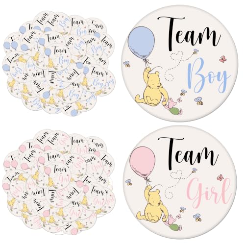 50 Pcs Classic Pooh Gender Reveal Buttons - 25 Team Boy & 25 Team Girl Pins 1.7 Blue Pink Badges for Winnie Baby Shower Party Favor Game