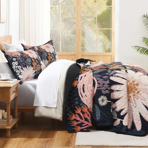 Image of Andency Floral Boho Quilt Super King Plus Size Bedding Set Navy Blush,3 Pieces Farmhouse Flower Botanical Bedspreads with 2 Shams, Soft Reversible Polyester Coverlet Set for All Season, 128 inchx120 inch