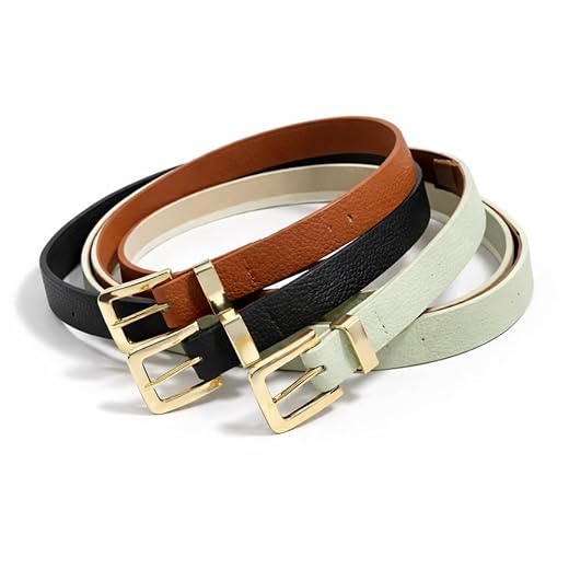 Kit 3 Cintos Femininos 110cm Couro Sintético Fivela Dourada Ajustável Preto Caramelo Bege