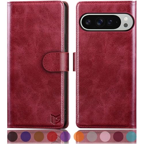 Coque Pixel 10 Pro XL SUANPOT en cuir rouge avec porte-cartes et blocage RFID