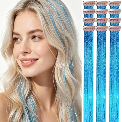 HANDWIG Aqua Teal Lake Blue Clip in Hair Tinsel 24 Inch 75 Strands Heat Resistant Glitter Hair Extensions 12 Packs Salon Fresh Fairy Hair for Summer Beach Pool Party Smurfs Event