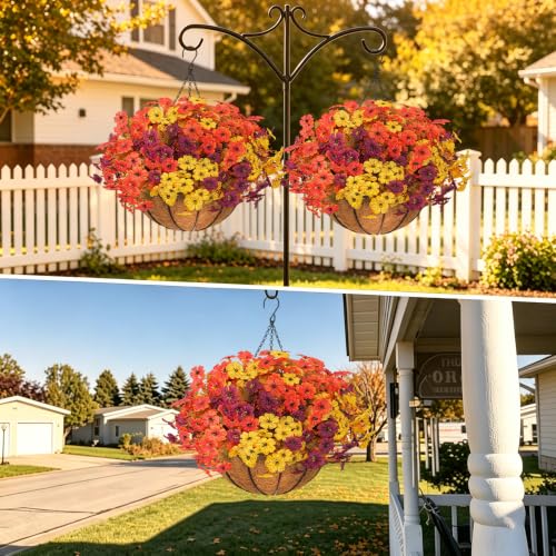 Image of 2 Set Artificial Fall Hanging Flower Baskets for Outdoor Autumn Decor, 24 Pcs Silk Mums Fake Plants for Garden Porch Patio Balcony Yard Home Decoration