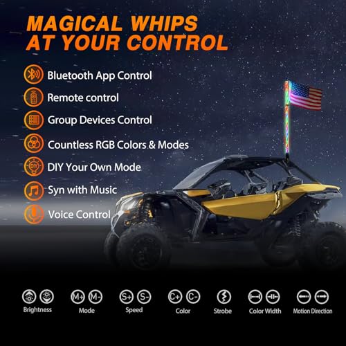 Image of Nilight RGB Whip Light 1PC 4FT Lighted Antenna Whips with Remote & App Control DIY Chasing Patterns Brake Reverse Lights for ATV UTV Polaris RZR Can-am Dune Buggy Pickup Trucks Jeep